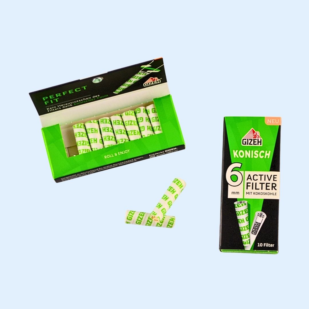Setup Shot GIZEH Conical 10er Box im Rolling Tray – Aktivkohlefilter für deinen Headshop‑Lifestyle & saubere Sessions