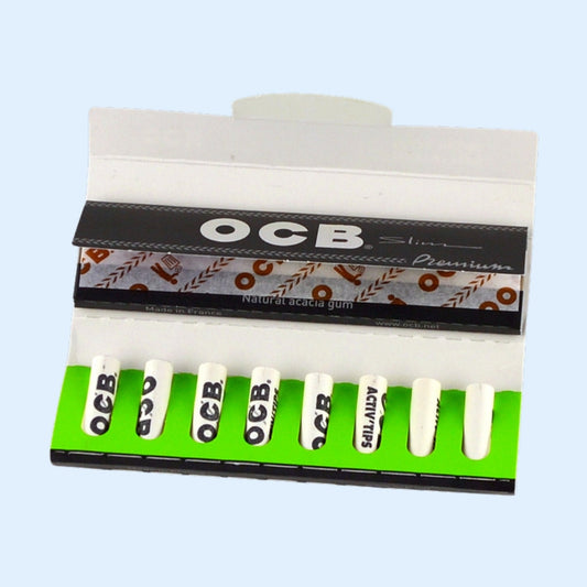 OCB Premium Slim Papers + Activ'Tips geöffnet – Papers und 8 Aktivkohlefilter sichtbar