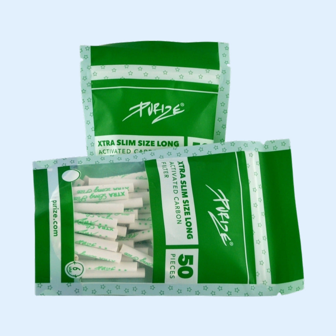 Zwei PURIZE Xtra Slim Size Long Beutel, stehend und liegend