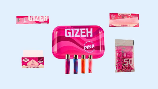 Pinke Papers von GIZEH und PURIZE mit Pink Paper Rolls, pinken Aktivkohlefiltern, Clipper Feuerzeugen und Metal Tray in All Pink