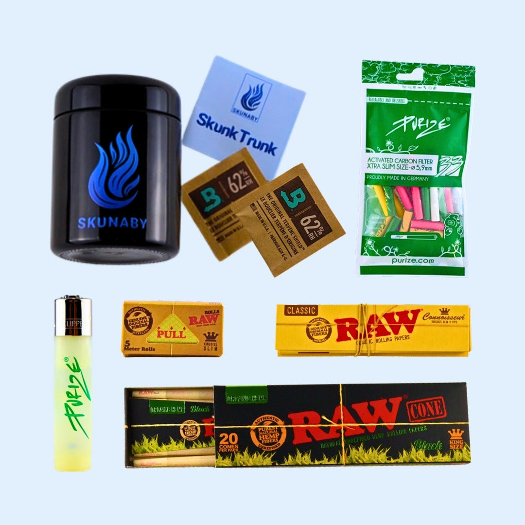 SKUNABY SkunkTrunk Geschenkset Natural: SkunkTrunk Humidor, Boveda 62, PURIZE Color Mix Aktivkohlefilter, RAW Classic Papers + Filter, RAW Rolls, RAW Black Cones und PURIZE x CLIPPER Transparent