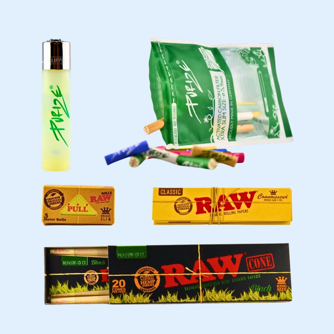 Geschenkset Natural Zubehör: PURIZE x CLIPPER Transparent, PURIZE Color Mix Aktivkohlefilter, RAW Classic Papers + Filter, RAW Classic Rolls und RAW Black Organic Hemp Cones