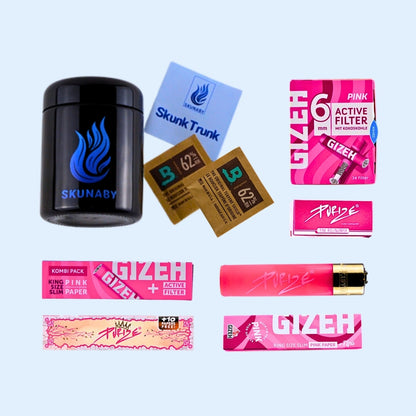 SKUNABY SkunkTrunk Geschenkset Pink: SkunkTrunk Humidor, Boveda 62, GIZEH All Pink Aktivkohlefilter, GIZEH Pink Papers, PURIZE Pink Papers und Rolls und PURIZE x CLIPPER Pink