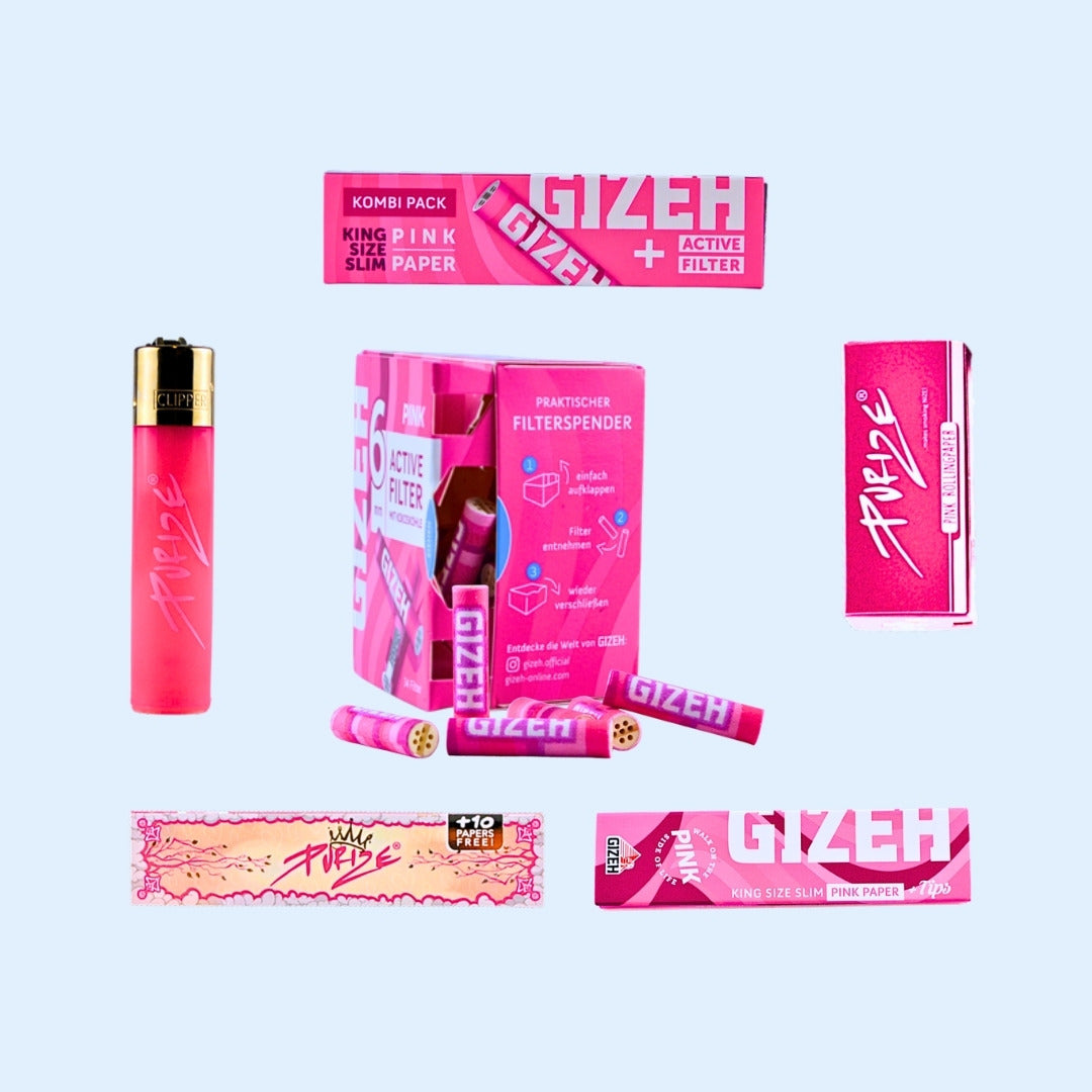 Geschenkset Pink Zubehör: PURIZE x CLIPPER Pink, GIZEH All Pink Aktivkohlefilter 34x, GIZEH Pink Papers + Filters, GIZEH All Pink Papers + Aktivkohlefilter, PURIZE Pink Papers und Rolls