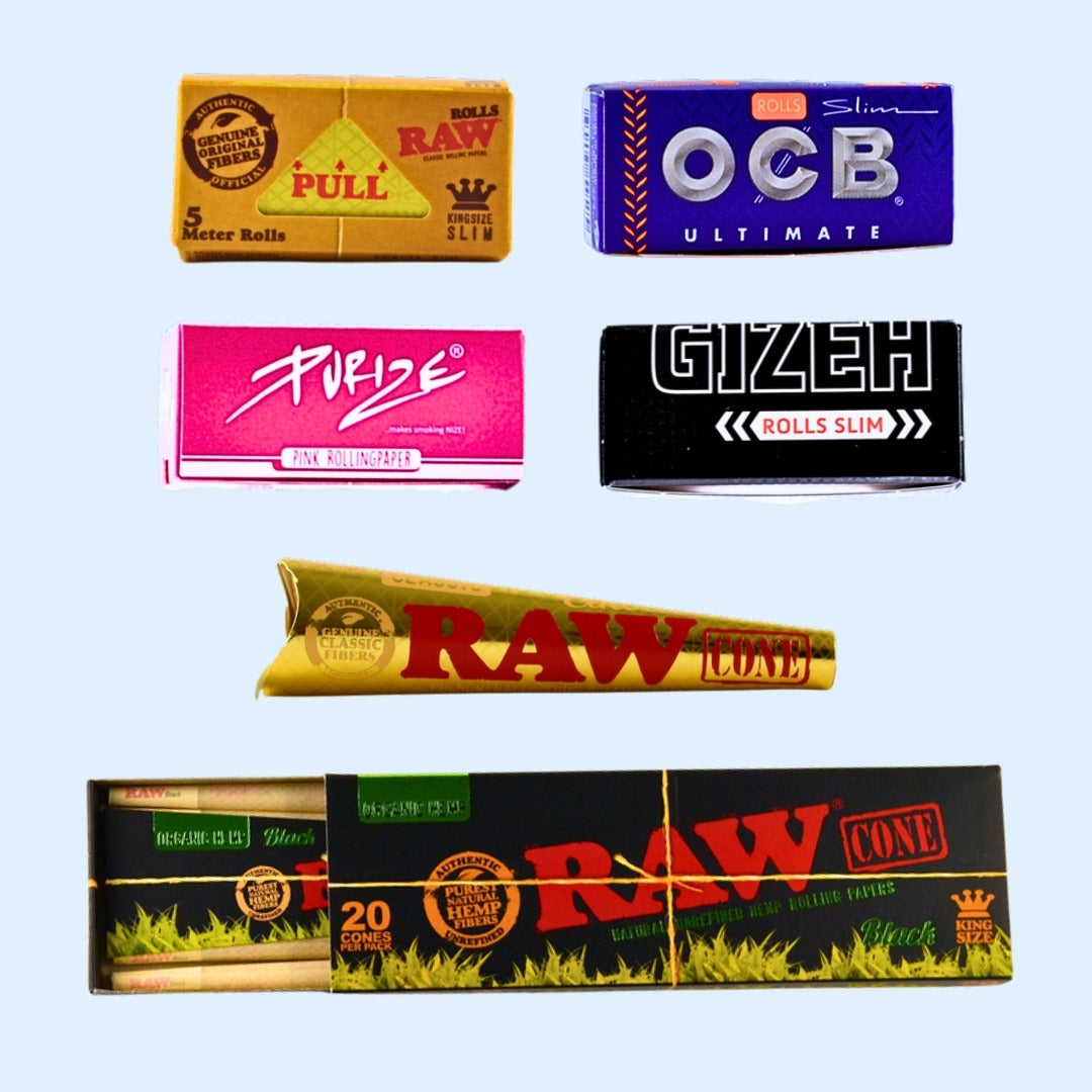 Probierset Large: RAW Classic, OCB Ultimate, PURIZE Pink und GIZEH Black Paper Rolls, RAW Ethereal Cone und RAW Black Organic Hemp Cones 20er