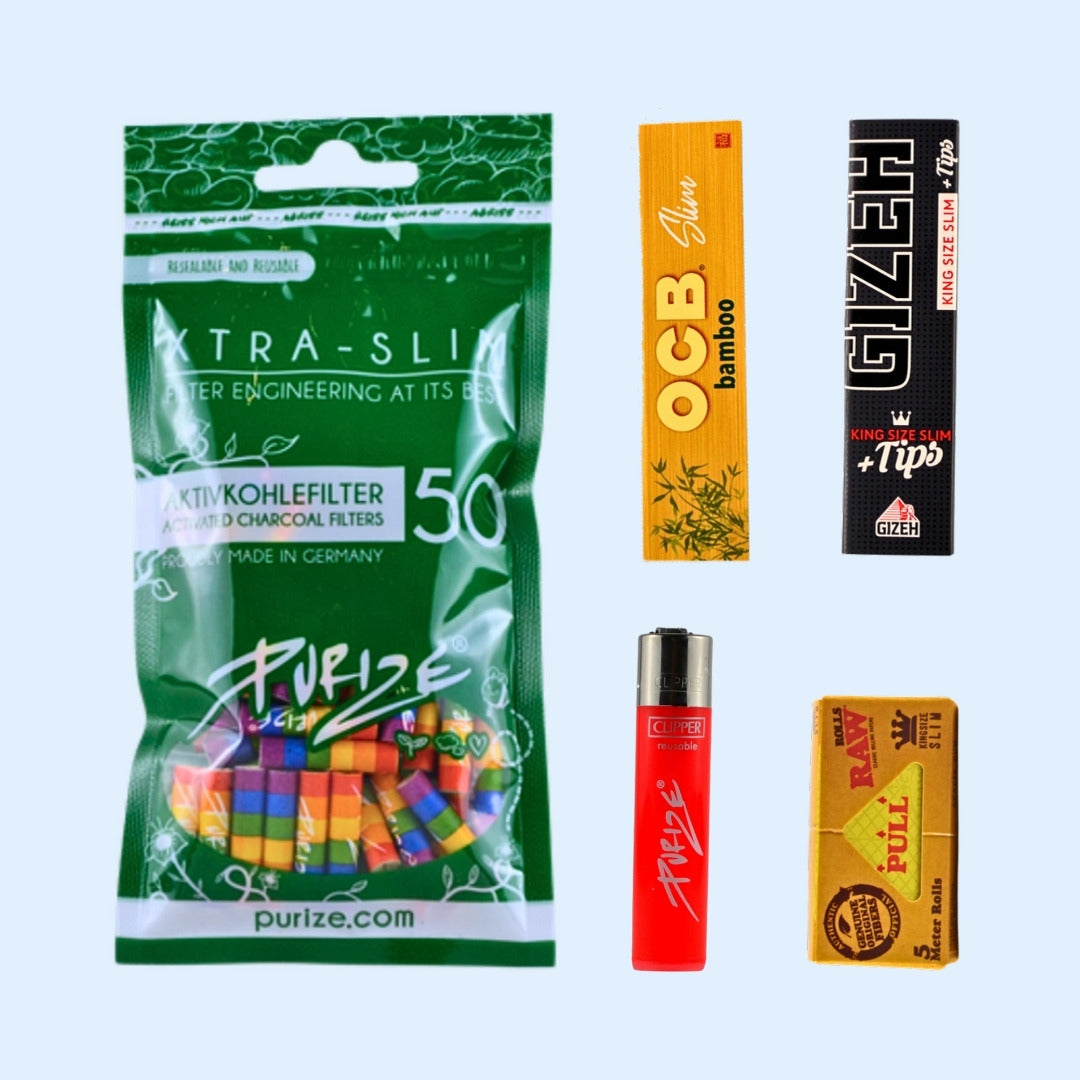 SKUNABY Monthly Essentials Regular: PURIZE Rainbow Aktivkohlefilter 50x, OCB Bamboo Papers, GIZEH Black Papers + Filters, PURIZE x CLIPPER und RAW Classic Paper Rolls