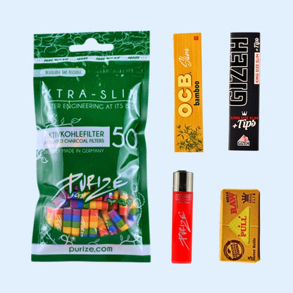 SKUNABY Monthly Essentials Regular: PURIZE Rainbow Aktivkohlefilter 50x, OCB Bamboo Papers, GIZEH Black Papers + Filters, PURIZE x CLIPPER und RAW Classic Paper Rolls