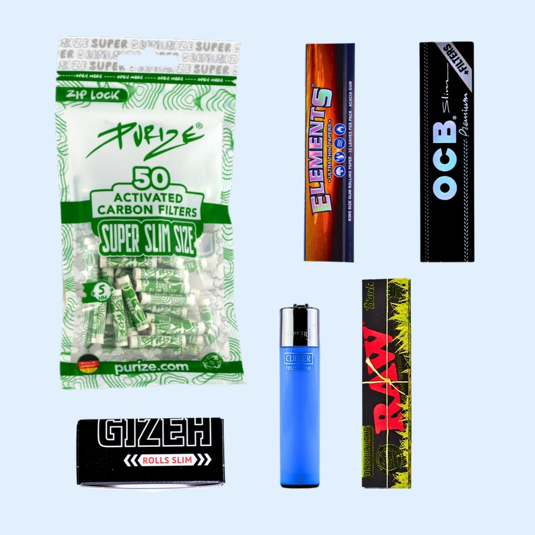 SKUNABY Monthly Essentials Slim: PURIZE SuperSlim Aktivkohlefilter 50x, ELEMENTS Ultra Thin, OCB Premium + Filters, RAW Black Organic Hemp, GIZEH Black Rolls und CLIPPER Solid