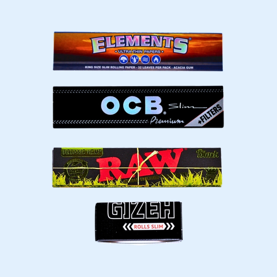 Monthly Essentials Slim: ELEMENTS Ultra Thin Rice Papers, OCB Premium Papers + Filters, RAW Black Organic Hemp Papers und GIZEH Black Paper Rolls