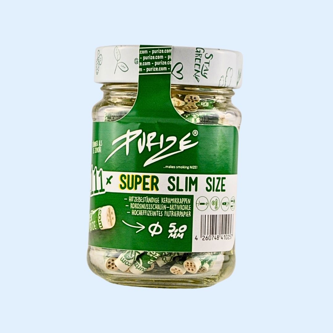PURIZE SuperSlim Aktivkohlefilter 111 Stück im Glas – Slim Size Ø 5 mm mit Kokos‑Aktivkohle und Keramikkappen