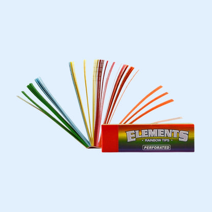 ELEMENTS Rainbow Tips – bunte aufgefächerte Filtertips neben dem Heftchen