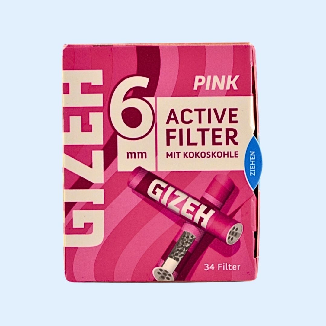 GIZEH All Pink Aktivkohlefilter 34er Box – Slim Size Ø 6,0 × 27 mm mit Kokos‑Aktivkohle im stylischen pinken Design