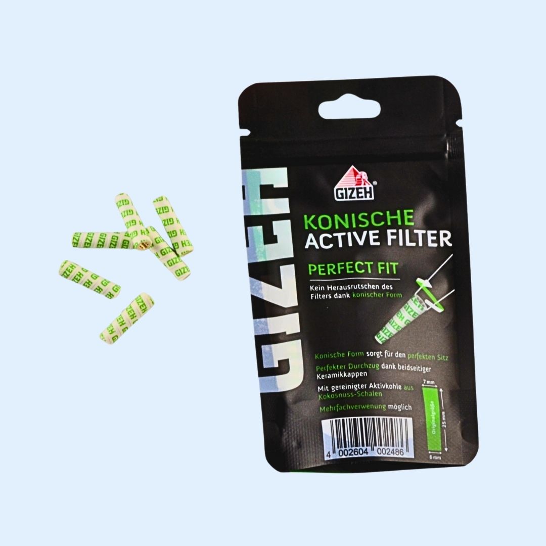 Detail GIZEH Conical Aktivkohlefilter 25 Stück – konisch geformt, hochwertige Kokos‑Aktivkohlefilter für dein Setup