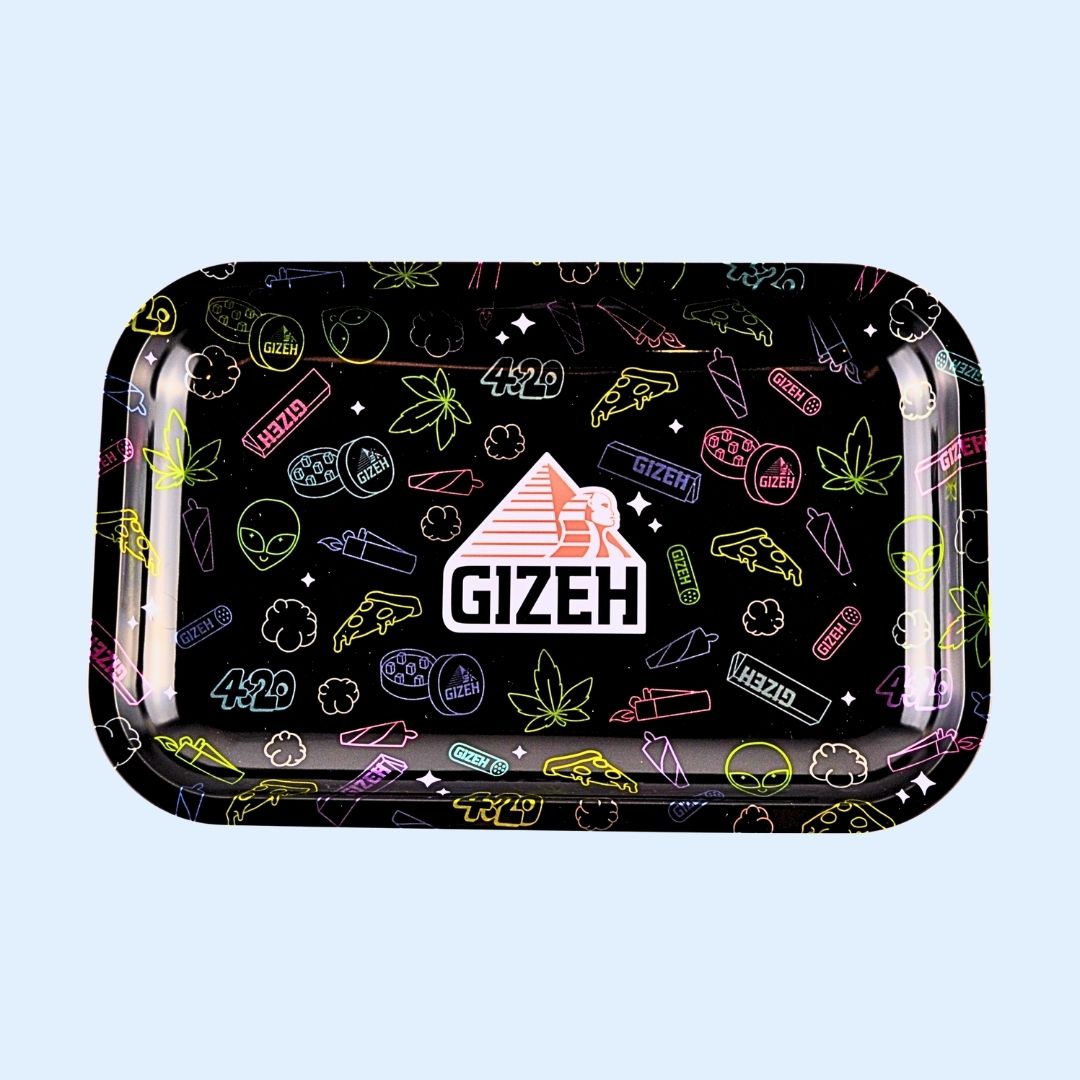 GIZEH Metal Rolling Tray M Comic Black – elegantes schwarzes Metall‑Tray mit Comic‑Icons, ideal fürs saubere Drehen