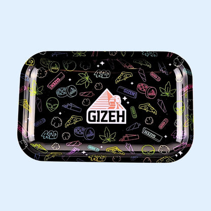 GIZEH Metal Rolling Tray M Comic Black – elegantes schwarzes Metall‑Tray mit Comic‑Icons, ideal fürs saubere Drehen