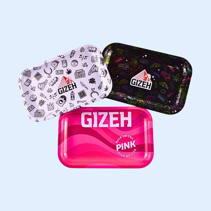 GIZEH Metal Rolling Tray M – Family Shot der Comic / Pink Kollektion mit drei Designs für deinen Stylischen Drehmoment