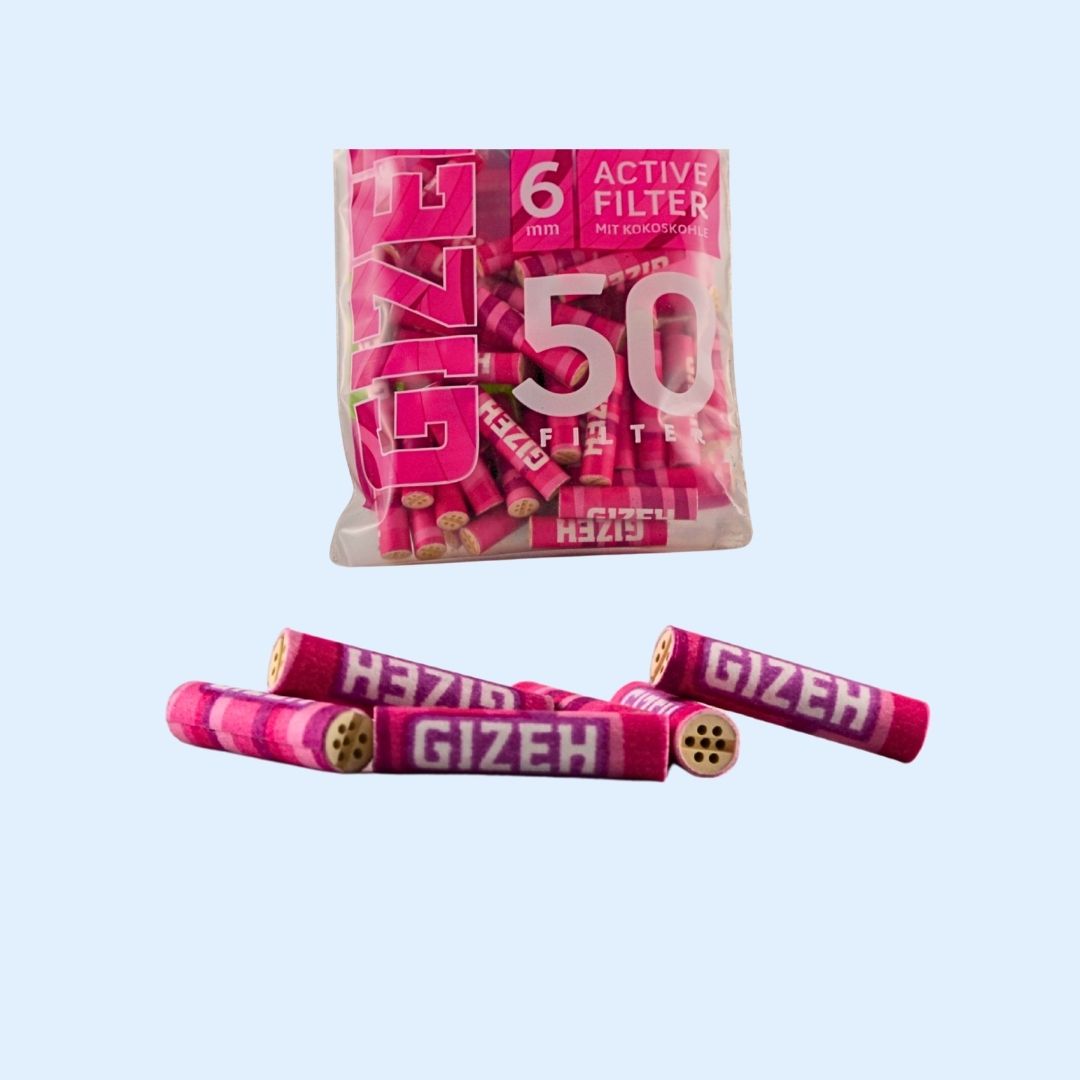 GIZEH Pink Aktivkohlefilter 50er Bag – Slim Size Ø 6,0 × 27 mm mit Kokos‑Aktivkohle im stylischen Pink‑Beutel