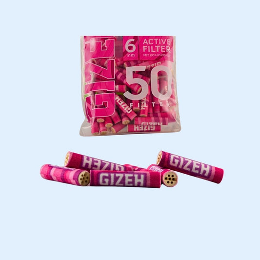 GIZEH Pink Aktivkohlefilter 50er Bag – Slim Size Ø 6,0 × 27 mm mit Kokos‑Aktivkohle im stylischen Pink‑Beutel