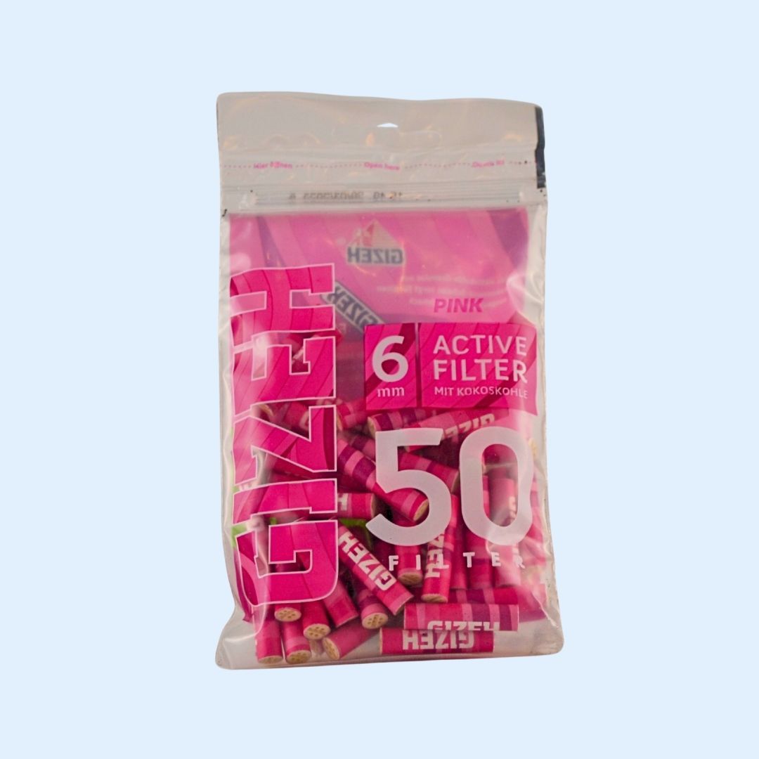 Detailaufnahme GIZEH Pink Aktivkohlefilter 50 Stück – hochwertige Keramikkappen, Slim Format für sauberen Geschmack