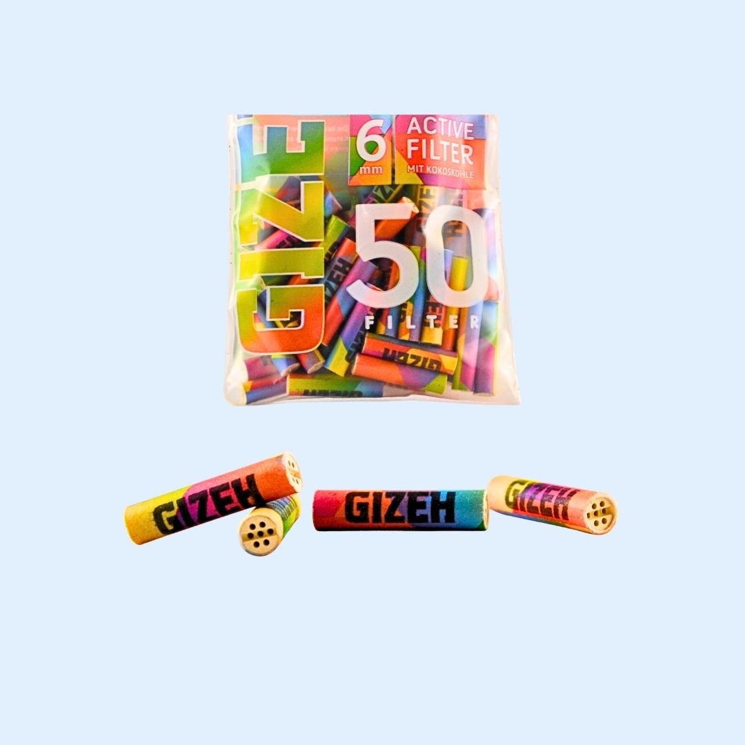 GIZEH Rainbow Aktivkohlefilter 50er Bag – bunte Slim Size Filter ø 6 × 27 mm mit Kokos‑Aktivkohle im wiederverschliessbaren Beutel