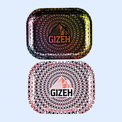 GIZEH Trippy Metal Rolling Tray S – Family Shot der Trippy & Comic Kollektion in 18 × 14 cm Größe