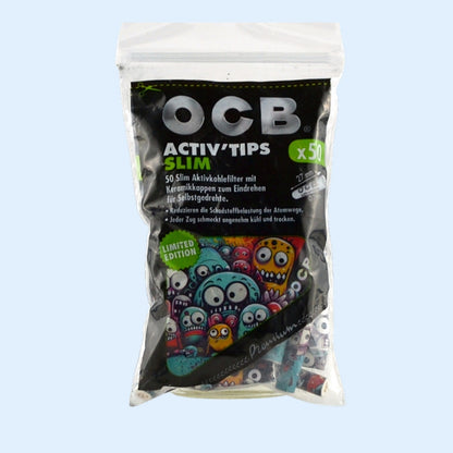OCB Premium Activ'Tips Slim Monster Design 50x Beutel – Vorderseite, Limited Edition