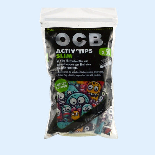 OCB Premium Activ'Tips Slim Monster Design 50x Beutel – Vorderseite, Limited Edition