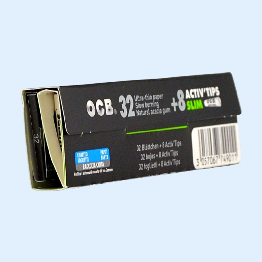 OCB Premium Slim Papers + Activ'Tips – Rückseite: 32 Blättchen und 8 Activ'Tips