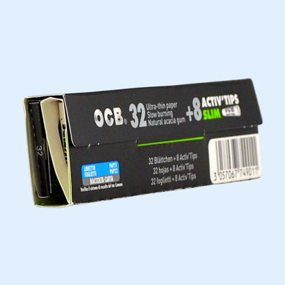 OCB Premium Slim Papers + Activ'Tips – Rückseite: 32 Blättchen und 8 Activ'Tips