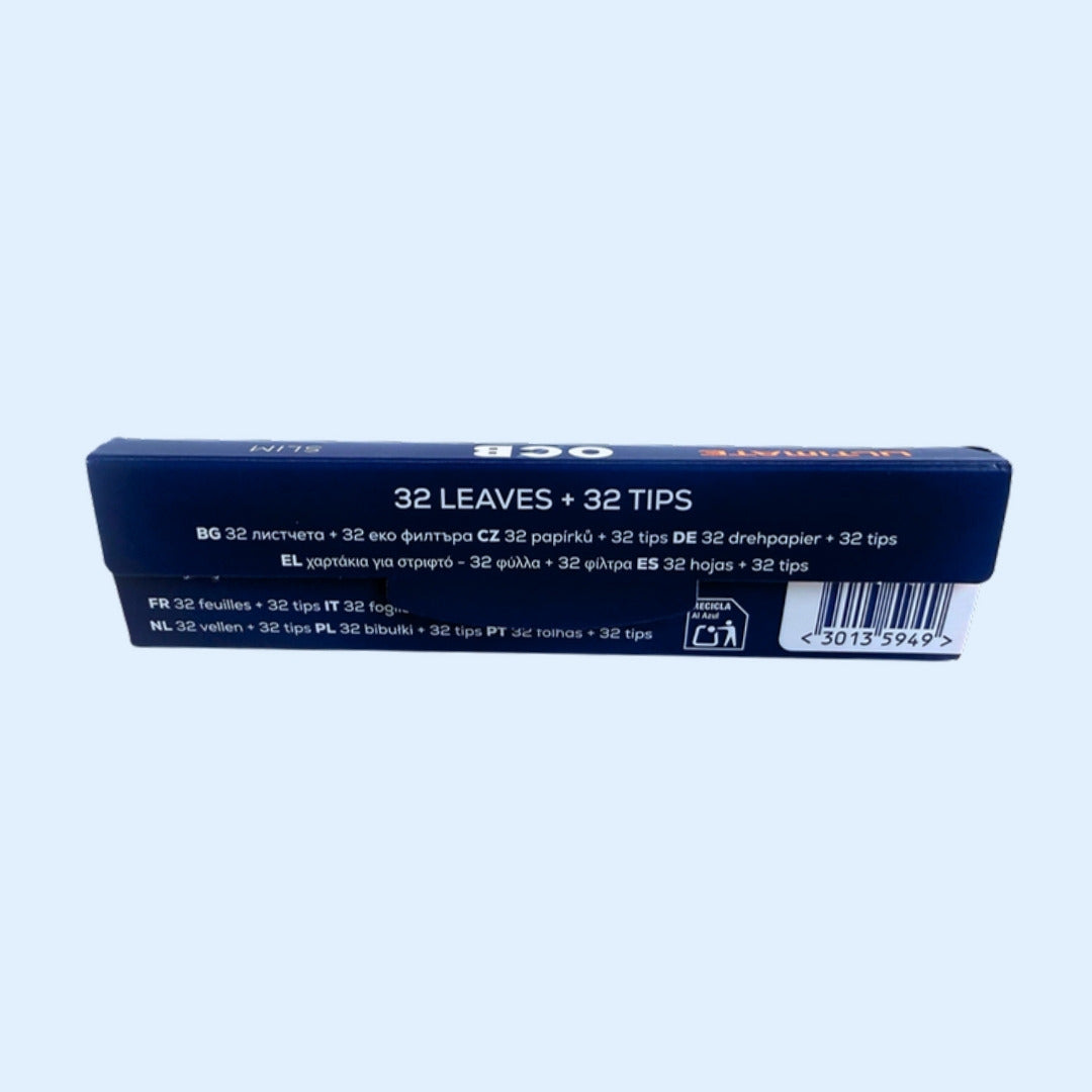 OCB Ultimate Papers + Filters – Rückseite der Packung mit 32 Blatt und 32 Tips