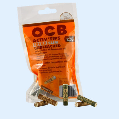 OCB Virgin Activ'Tips Extra Slim Unbleached 50x – Rückseite des Beutels mit Filtern