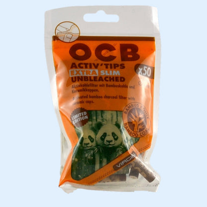 OCB Virgin Activ'Tips Extra Slim Unbleached 50x – geschlossener Beutel schräg