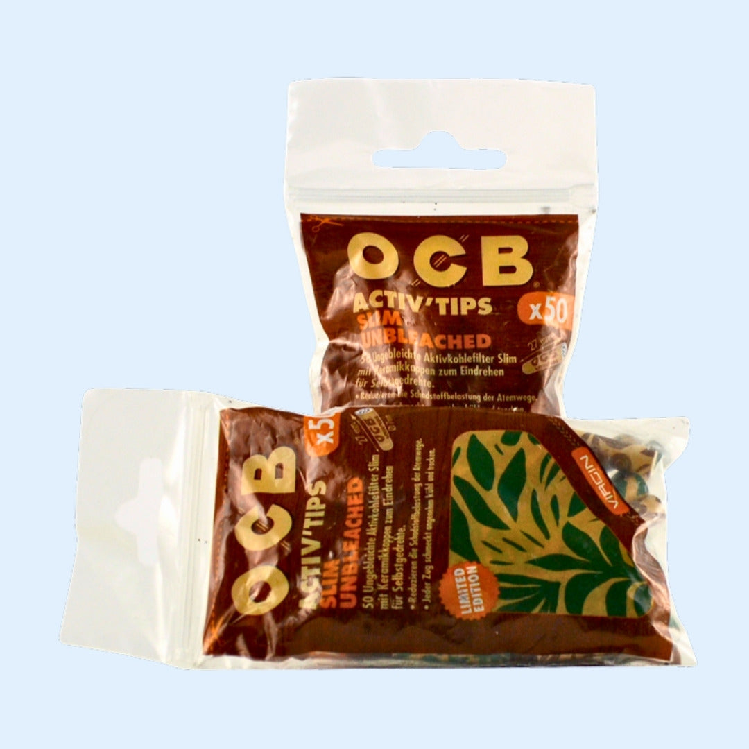 OCB Virgin Activ'Tips Slim Unbleached 50x – zwei Beutel, Vorder- und Rückseite
