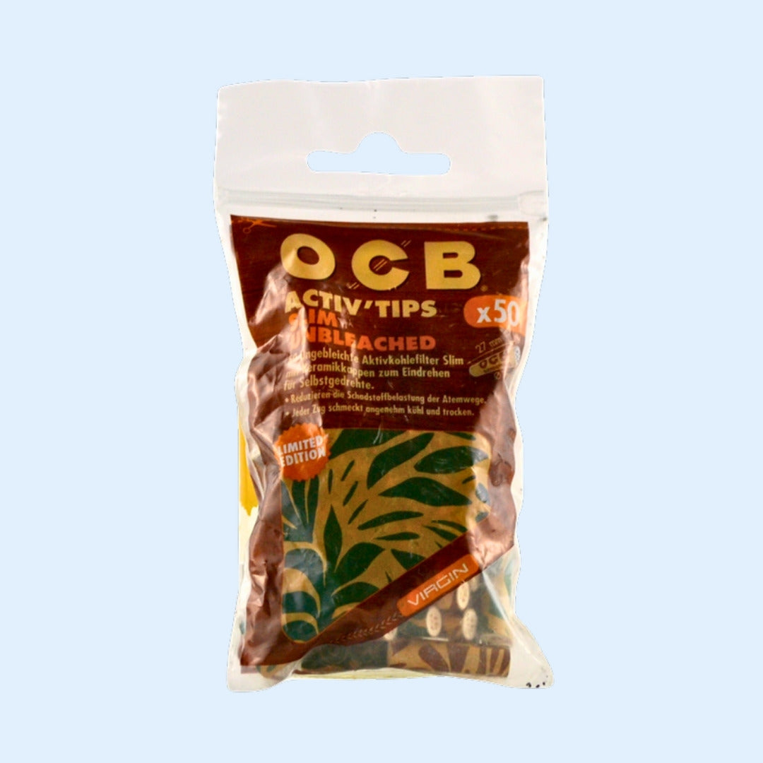 OCB Virgin Activ'Tips Slim Unbleached 50x Beutel – Seitenansicht