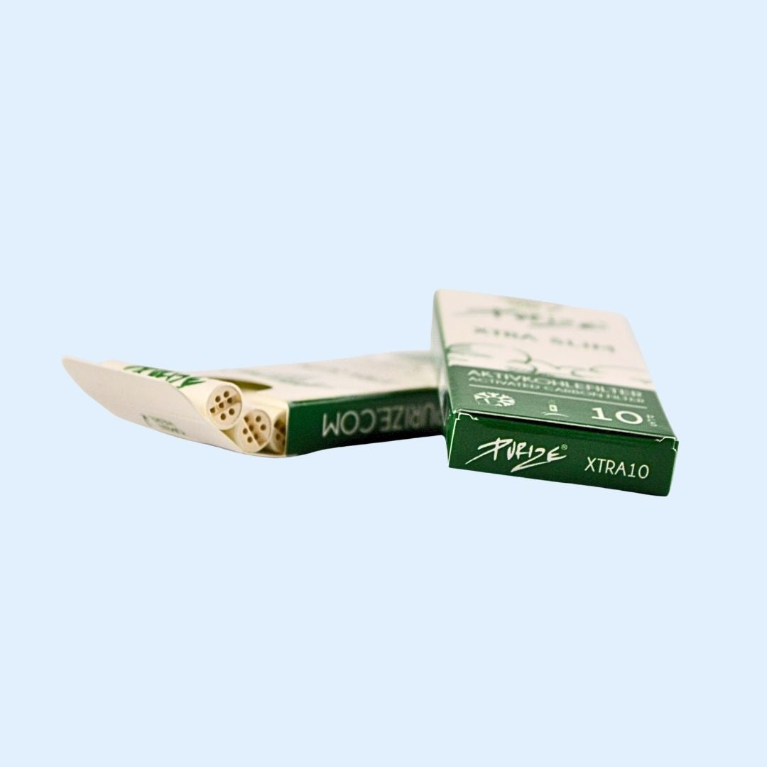 Kokos‑Aktivkohlekern PURIZE Aktivkohlefilter 10er Box – weißer Filtereinsatz für schadstoffreduziertes Raucherlebnis