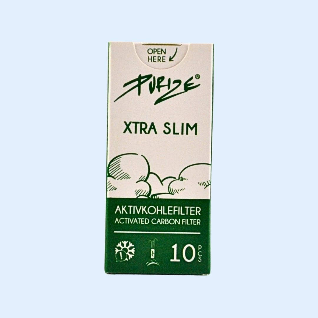 PURIZE Aktivkohlefilter 10er Box – XTRA Slim Size Ø 5,9 × 26,9 mm mit Kokos‑Aktivkohle für sauberen Geschmack