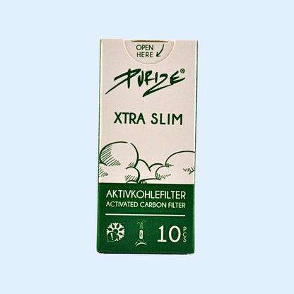 PURIZE Aktivkohlefilter 10er Box – XTRA Slim Size Ø 5,9 × 26,9 mm mit Kokos‑Aktivkohle für sauberen Geschmack