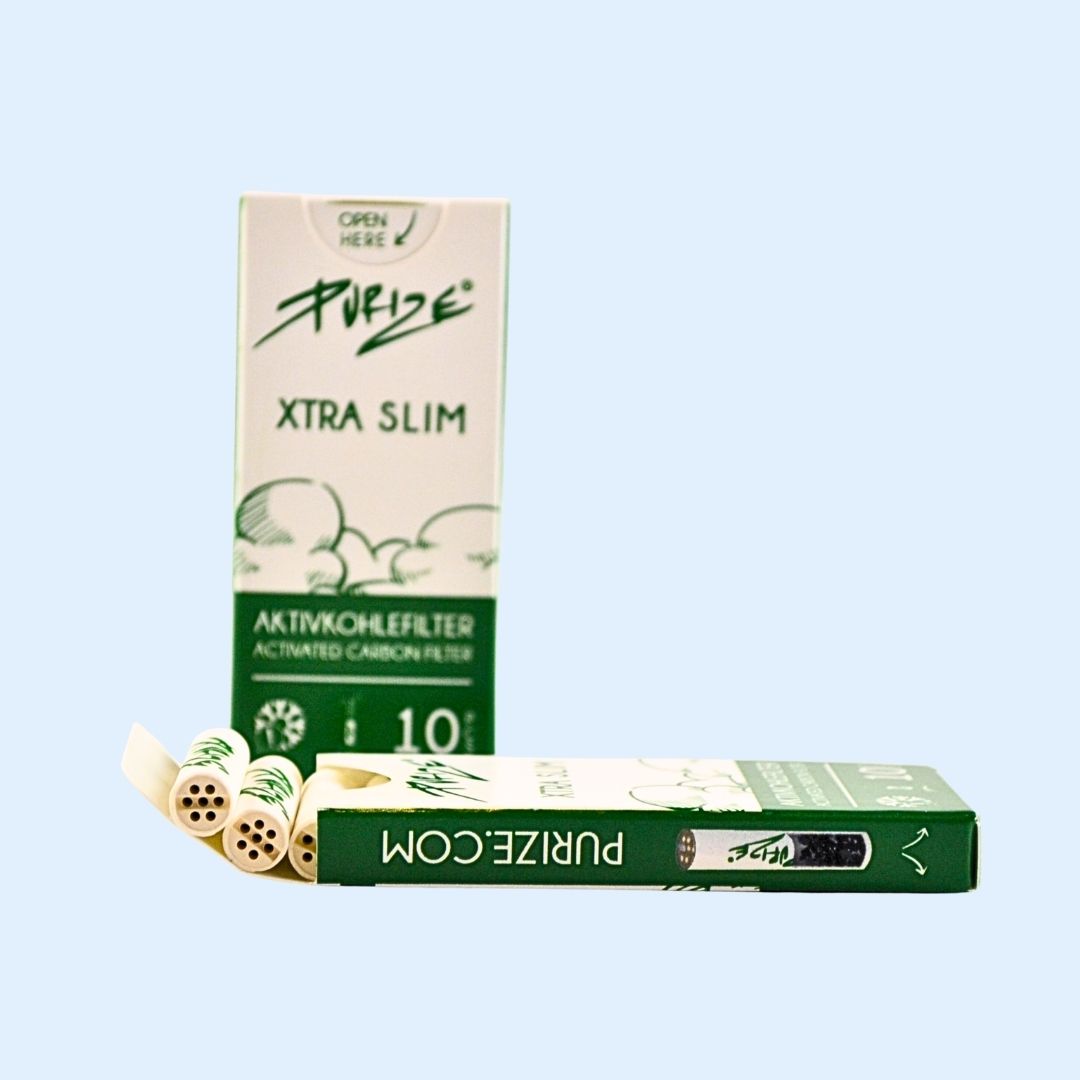 Detailaufnahme PURIZE Aktivkohlefilter 10 Stück – hochwertige Keramikkappen, Slim Format für deinen Headshop Style