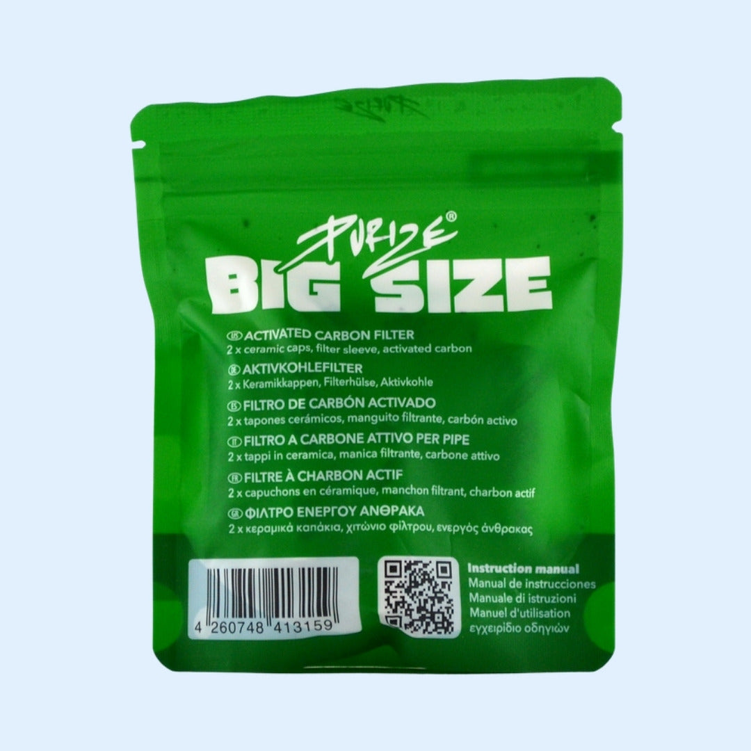PURIZE Big Size Aktivkohlefilter 7x Beutel – Rückseite mit Inhaltsangabe