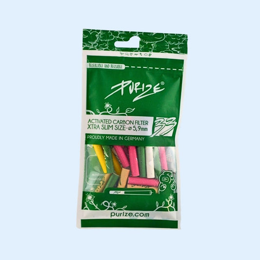 PURIZE Color Mix Aktivkohlefilter 33er Bag – bunte XTRA Slim Filter ø 5,9 × 26,9 mm mit Kokos‑Aktivkohle im stylischen Beutel