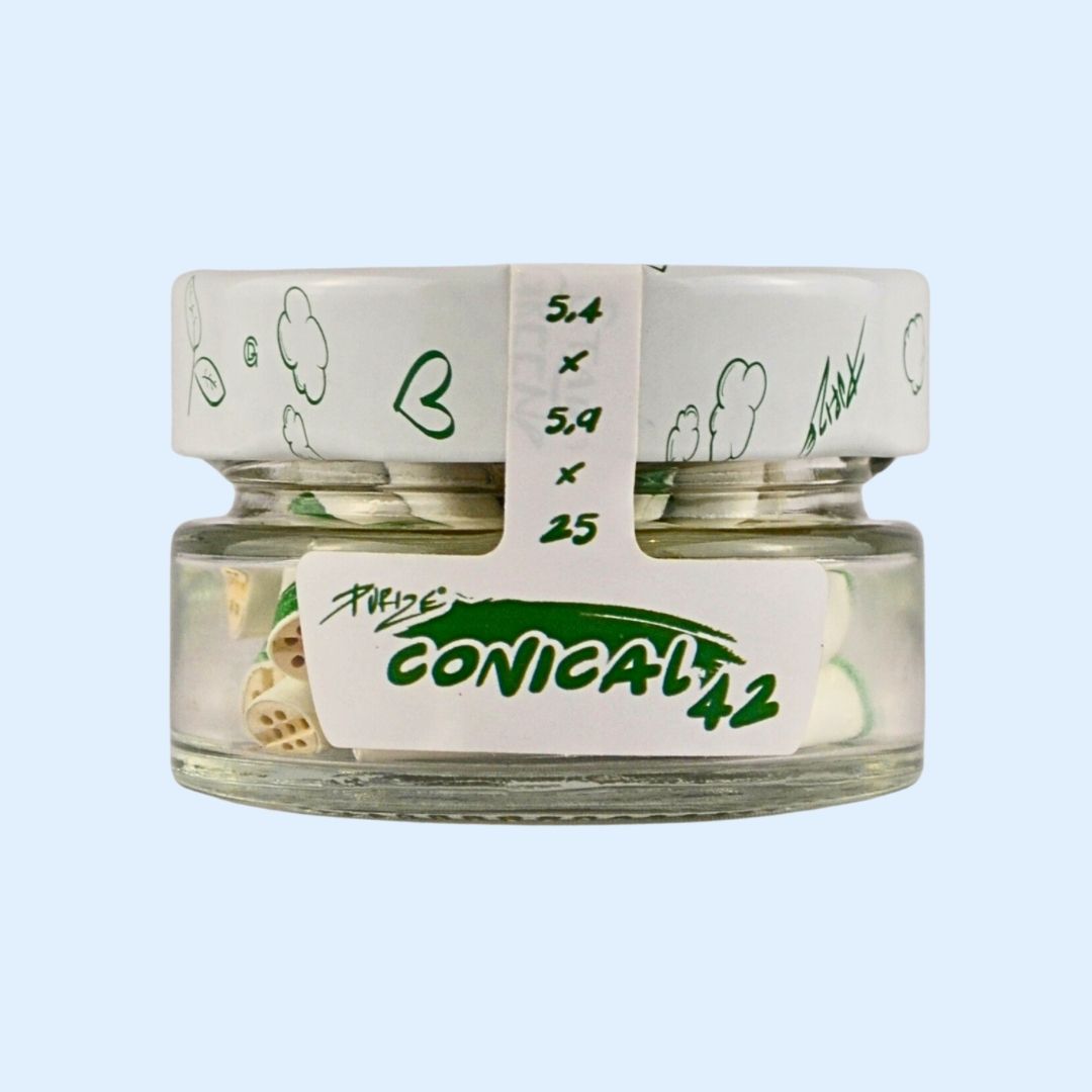 PURIZE Conical Aktivkohlefilter 42er Glas – konische XTRA Slim Filter ø 5,4‑5,9 × 25 mm mit Kokos‑Aktivkohle im wiederverwendbaren Glasbehälter