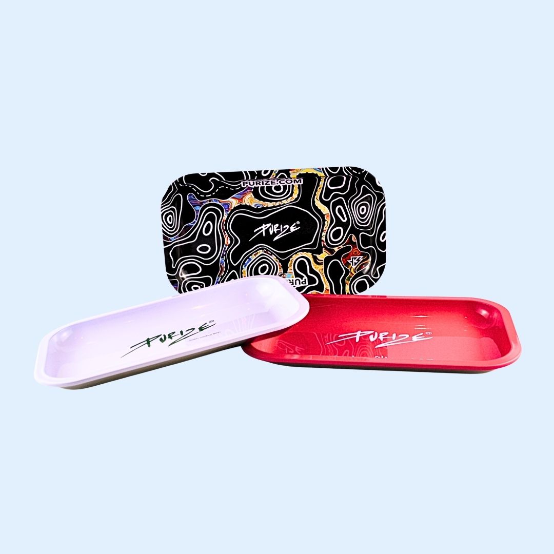 Designübersicht PURIZE Metal Rolling Tray Serie – Varianten White, Pink, Dark Sketch im Vergleich