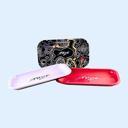 Designübersicht PURIZE Metal Rolling Tray Serie – Varianten White, Pink, Dark Sketch im Vergleich