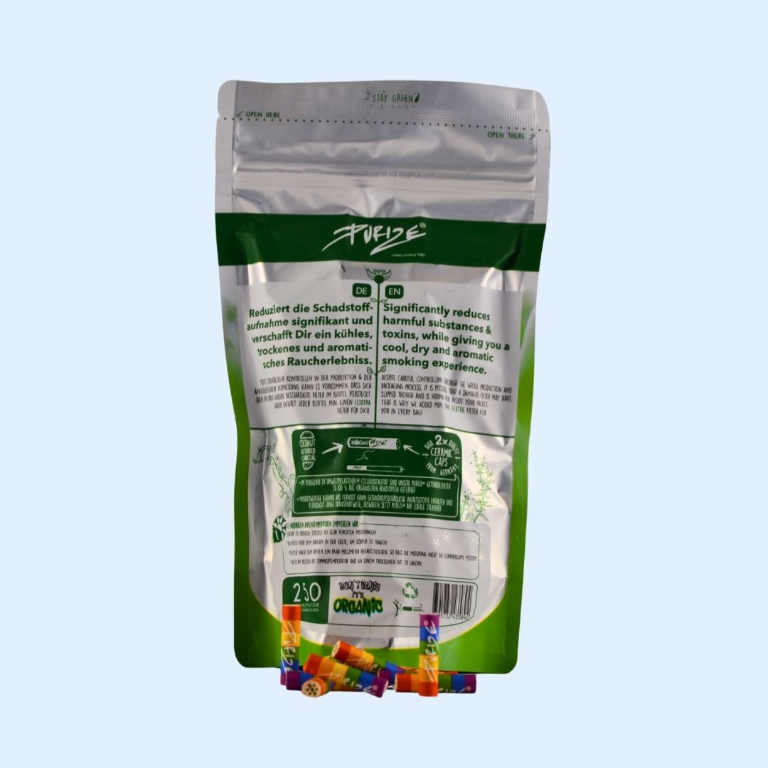 PURIZE Rainbow Aktivkohlefilter 250er Bag – Vorratspack XTRA Slim Filter ø 5,9 mm mit Kokos‑Aktivkohle im wiederverschliessbaren Beutel