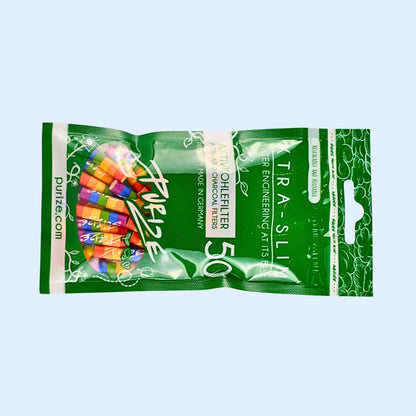 Detailaufnahme PURIZE Rainbow Filter 50 Stück – Keramikkappen, XTRA Slim Format ø 5,9 × 26,9 mm, nachhaltige Verpackung