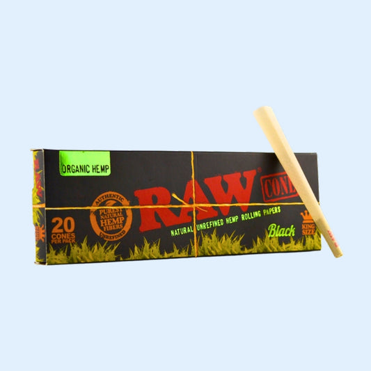 RAW Black Organic Hemp King Size Cones 20er – Box mit einzelnem Cone