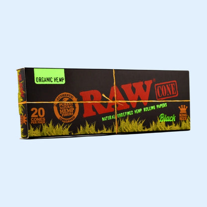 RAW Black Organic Hemp King Size Cones 20er – geschlossene Box von vorne
