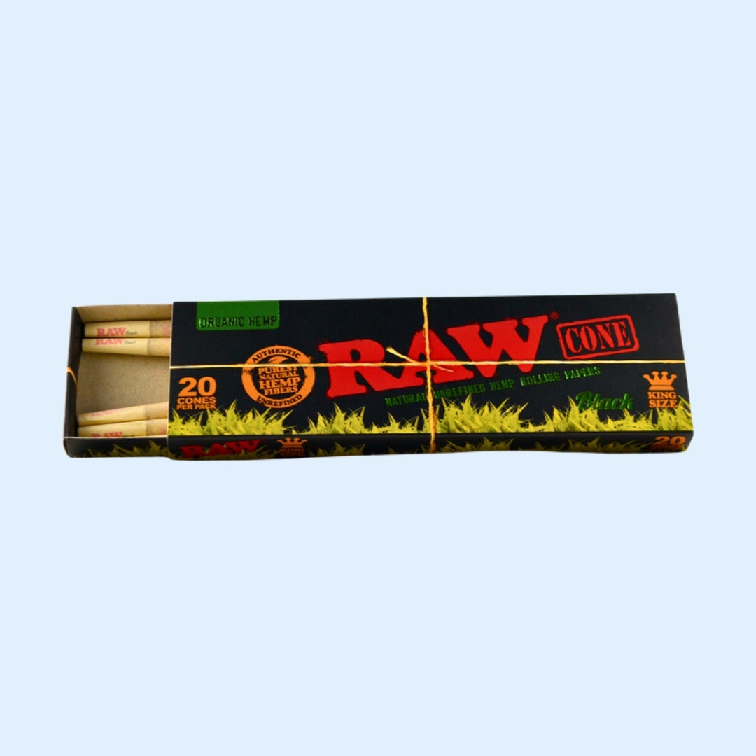RAW Black Organic Hemp Cones – geöffnete Box schräg