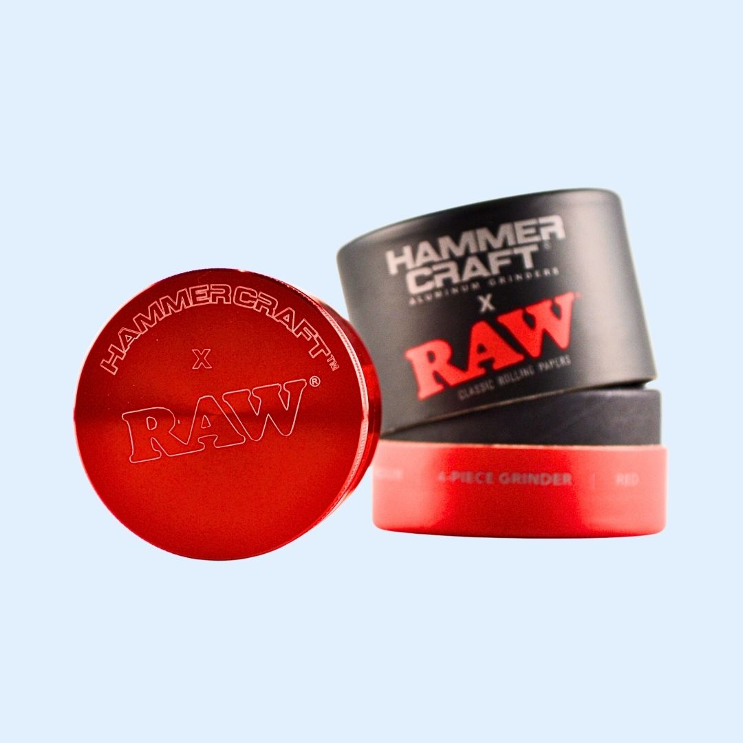 RAW x Hammercraft Grinder Red – hochwertiger 4‑teiliger Aluminium Grinder Ø 55 mm in leuchtendem Rot